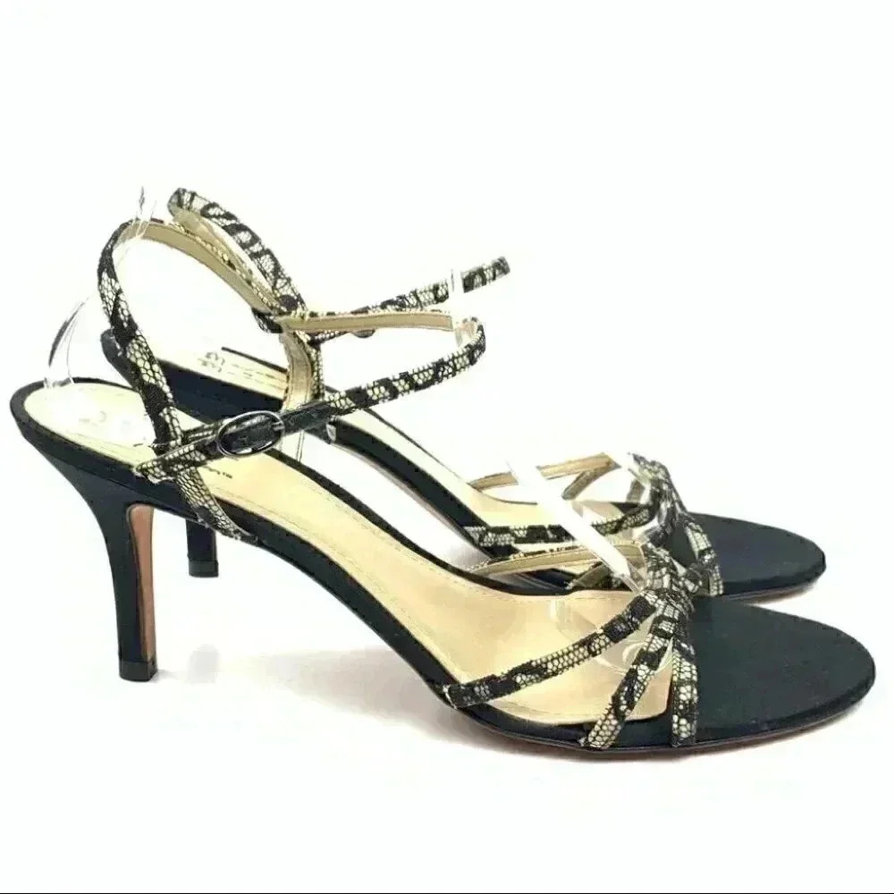 Mercer Madison Heels Size 9.5 Black Cream Satin Floral Lace Formal Black Tie